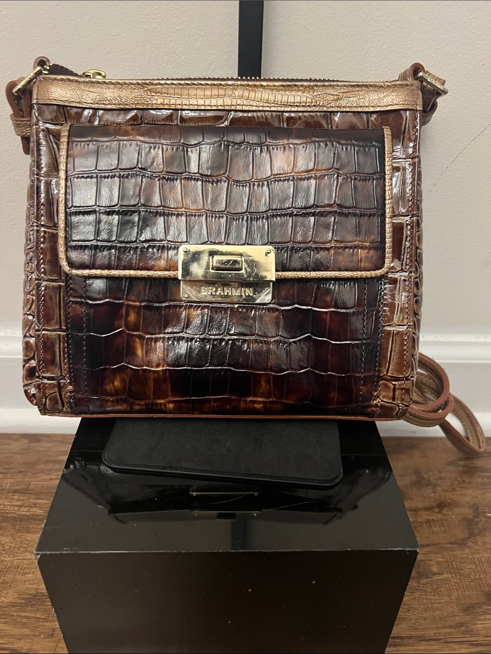 Brahmin Dark Brown Croc-Embossed Leather Crossbody Bag